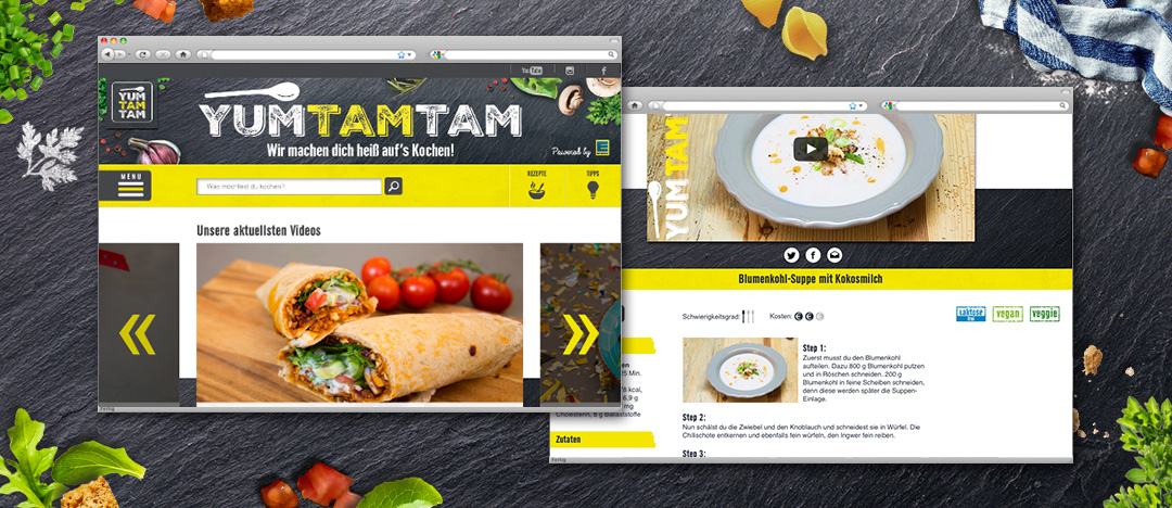 Screenshots der Video-Auswahl und einer Rezept-Detailseite der EDEKA yumtamtam Website