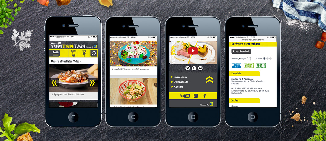 Verschiedene Detailseiten der EDEKA yumtamtam Website auf dem Display eines Smartphones