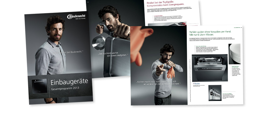 Cover und Detailseiten zum Bauknecht Einbaugeräte-Katalog mit Motiven der Kampagne „Time for a change“ von .PEPPERZAK.