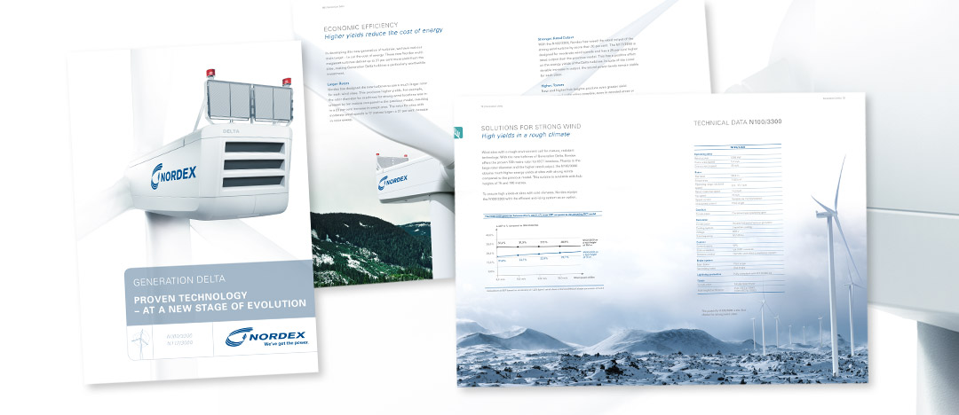 Cover und Detailseiten der Info-Broschüre zur Multi-Megawatt Windkraftanlagen-Generation „Delta“ von Nordex