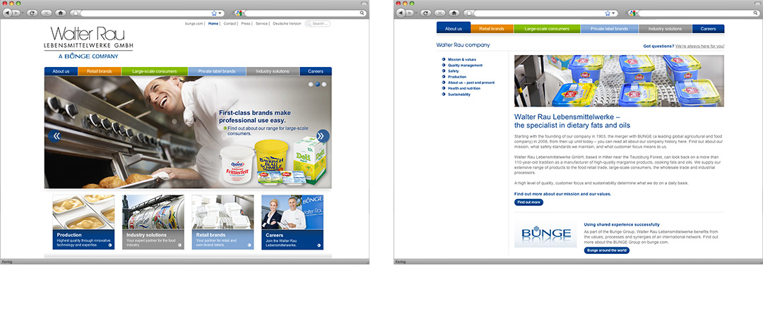 Relaunch of the corporate website of the Walter Rau Lebensmittelwerke GmbH company, showing the homepage- and one subsite-design