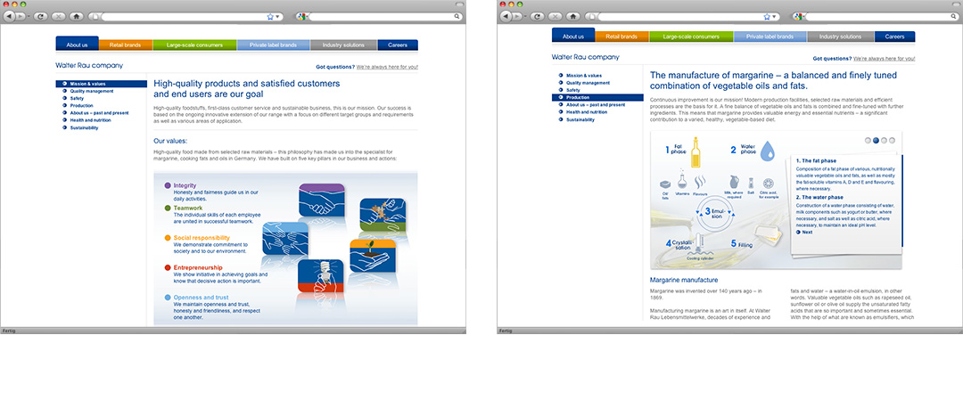 Two examples of different page types of the new corporate website from Walter Rau