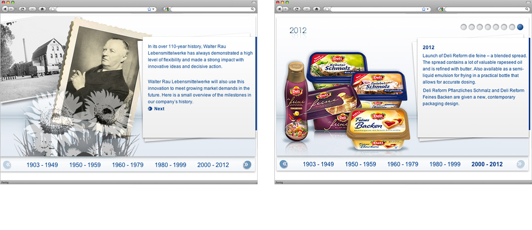 Examples of the history- an the product-page of the walter rau corporate website after the relaunch in 2013