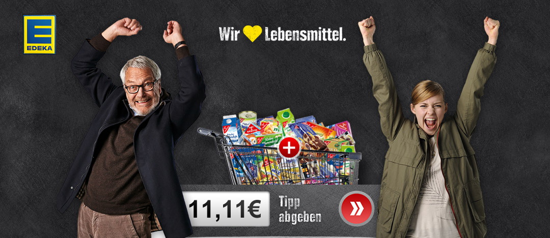 Key-Visual jubelnder Mann und junge Frau mit Einkaufswagen und GUT und GÜNSTIG Produkten vom EDEKA Eigenmarken Webspecial mit Gewinnverlosung