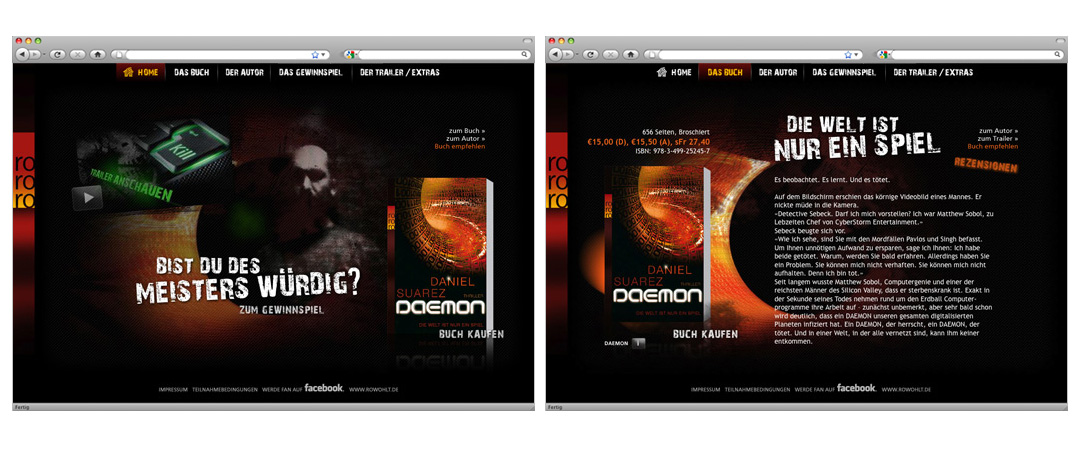 Landingpage zur Online-Promotion des Thrillers „Daemon“ von Daniel Suarez mit allen Informationen zur Neuerscheinung
