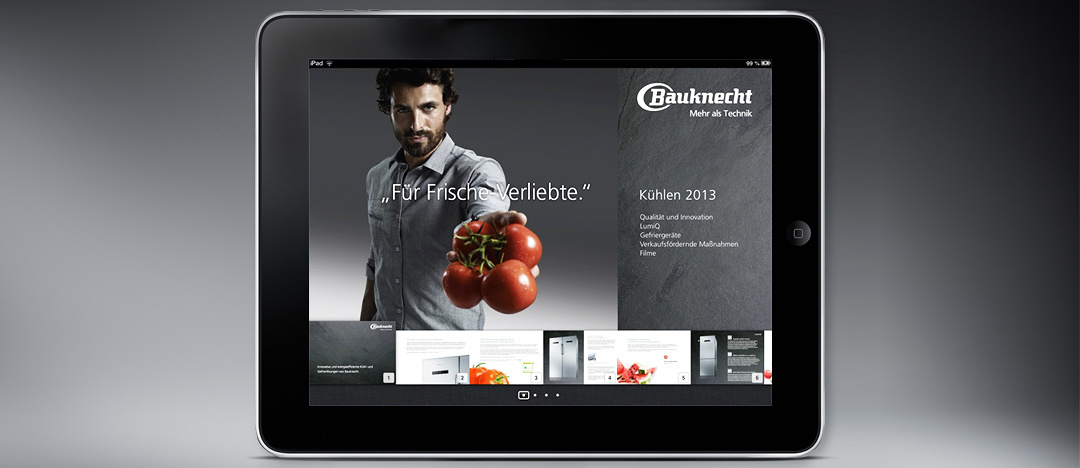 The iBook Version of the Bauknecht Sales folder, showing the testimonial of the advertising-campaign in 2012 The Bauknecht Guy