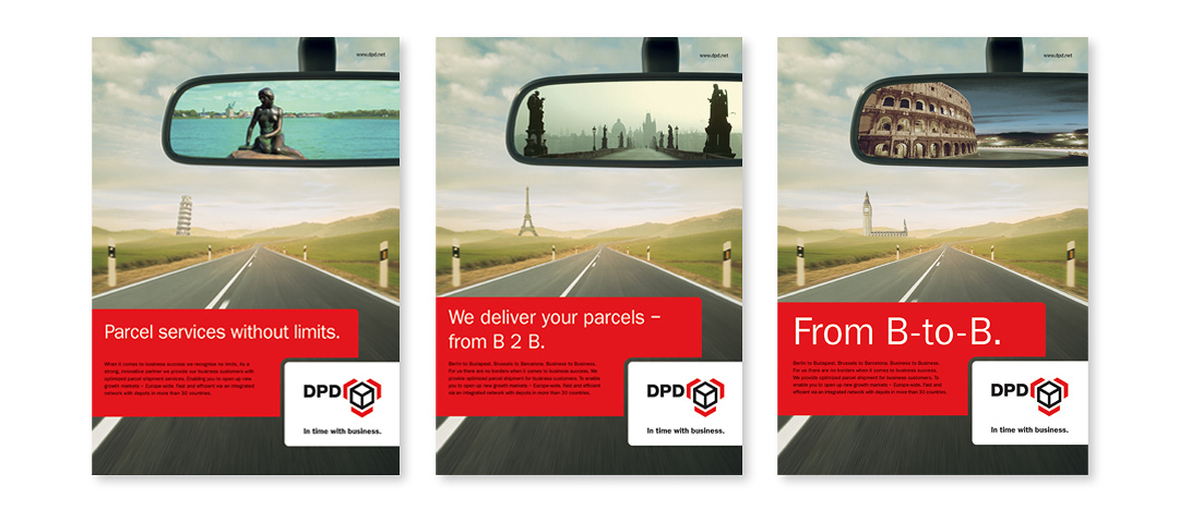 Three examples of printing ads from the b-to-b campaign for DPD in 2004