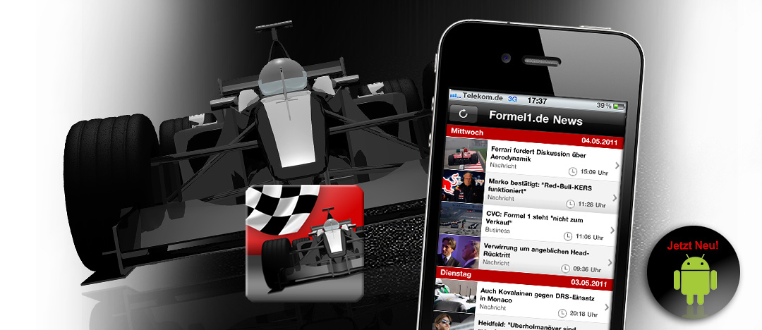 Screenshot of the popular formel1.de app for android smartphones, created by .PEPPERZAK.