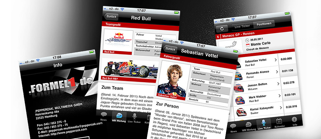 Different examples of the formel1.de app for mobile devices that was downloaded more than 120.000 times in 2011