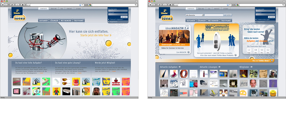 Examples of website-pages from the winning-contest Tchibo ideas on the corporate website of the Tchibo GmbH