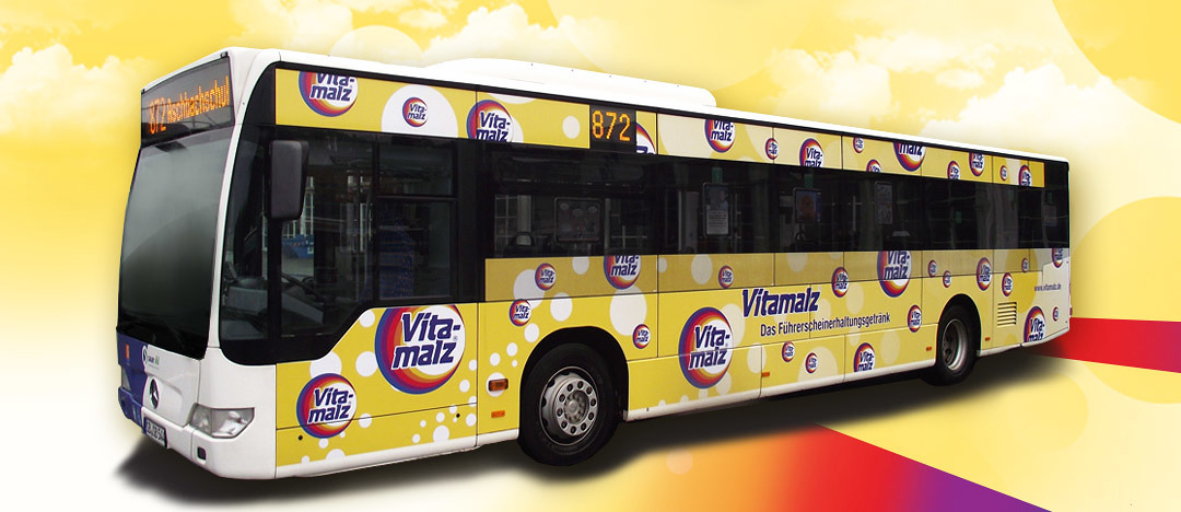 An advertising example of a Vitamalz Bus, representing the message that Vitamalz is the beverage to keep your driving license