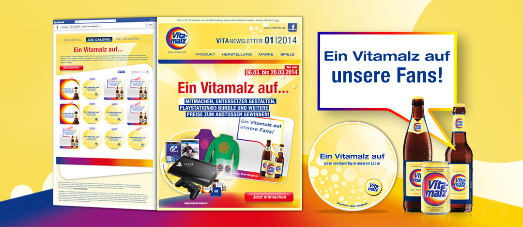 Social Media Aktion Ein Vitamalz auf ... für Vitamalz Fans auf Facebook mit der Verlosung von Vitamalz Gläsern und individuell bedruckten Untersetzern für die Gewinner