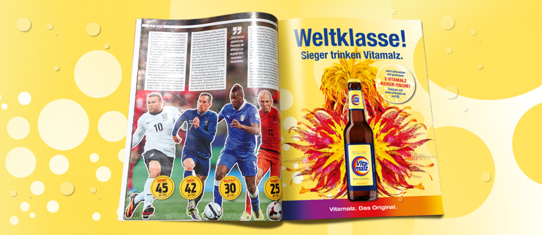 Die Anzeige „Weltklasse – Sieger trinken Vitamalz“ in der Kicker Sonderausgabe zur Weltmeisterschaft 2014