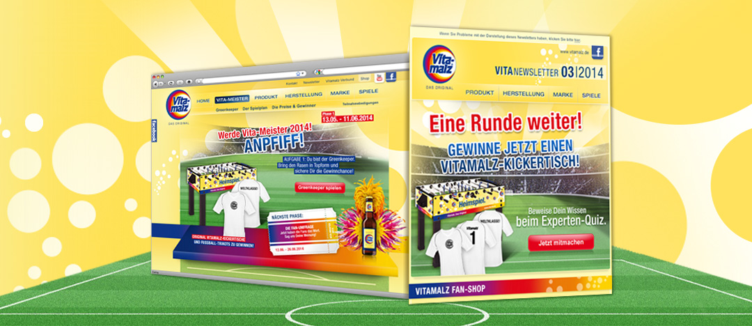 Das Online-Gewinnspiel „Greenkeeper“ zur Vitamalz Sommerkampagne 2014 mit Abbildung der Gewinne Tischkicker „Heimspiel“ und T-Shirts