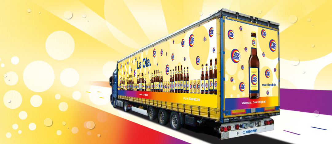 LKW Verkehrsmittelwerbung mit dem Motiv „La Ola“ zur Vitamalz Sommerkampagne 2014