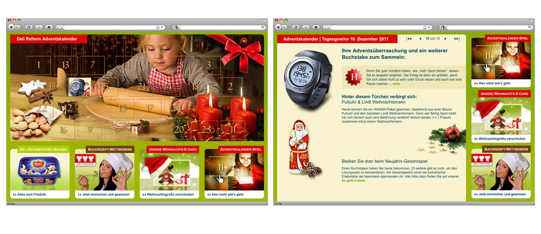Der Deli Reform Online-Adventskalender auf der Aktionsseite der Deli Reform Website mit Darstellung eines Tagesgewinns auf der Detailseite