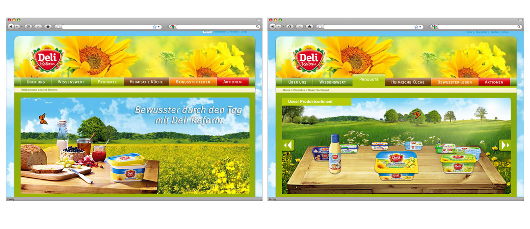 Die neue Bühne der Deli Reform Homepage nach dem Website-Relaunch sowie Screenshot der Produktübersichtsseite mit interaktiver Produktauswahl