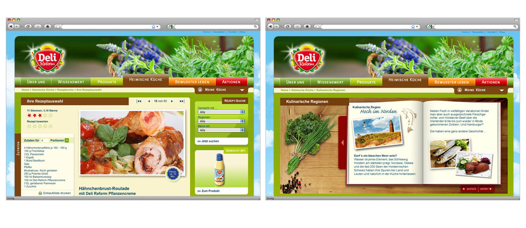 Rezept-Detailseite mit Zubereitungshinweisen und Produktempfehlungen sowie Screenshot der Unterseite kulinarische Regionen mit weiteren Rezepten und Klassikern der Deutschen Küche