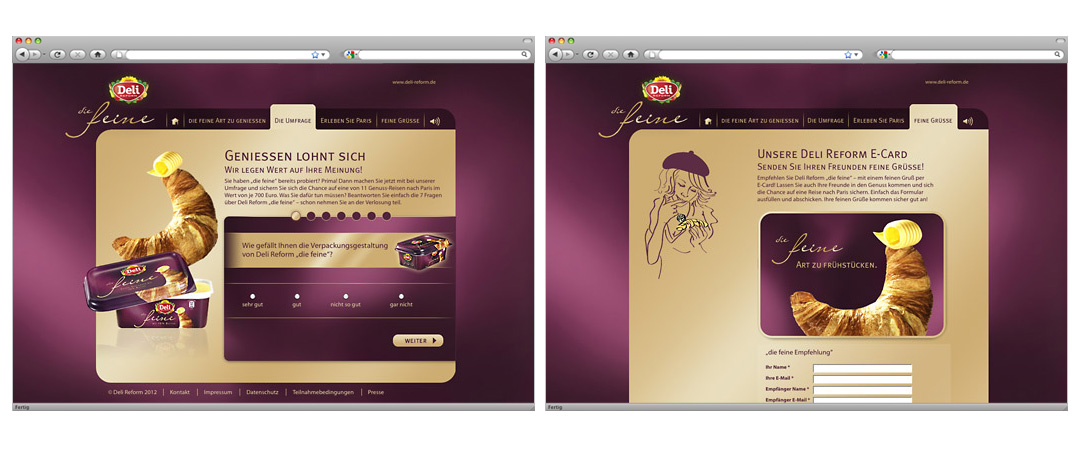 Detailseiten der Microsite für Deli Reform Die Feine mit Umfrage-Tool zur Produktbewertung und Teilnahmeformular