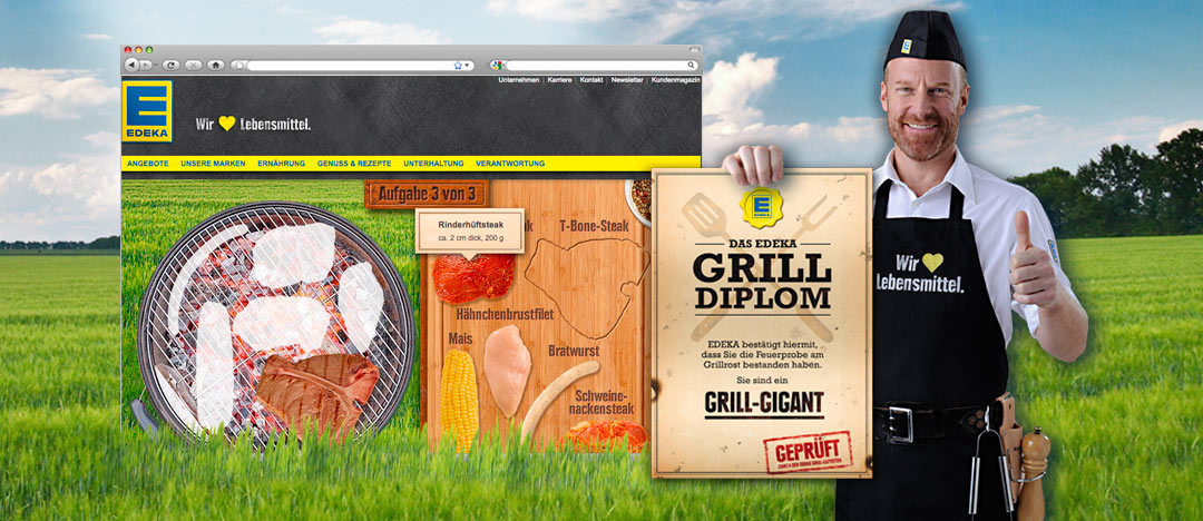 EDEKA Metzgermeister als Key-Visual der EDEKA Online-Aktion Grill Diplom mit Beispiel eines Drag and Drop Tools im Rahmen des Gewinnspiels