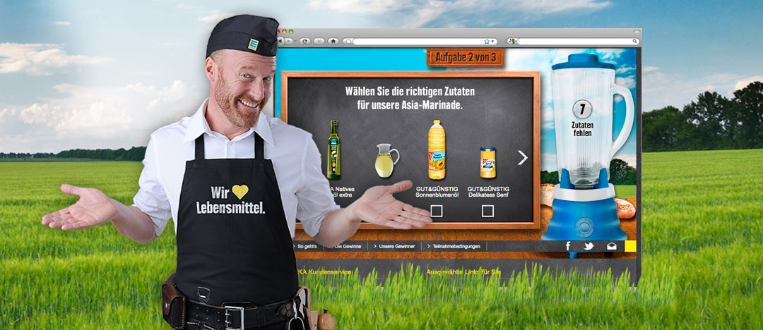 Zusammenstellung einer Grill-Marinade als Aufgabe für Teilnehmer der Gewinnspiel-Aktion EDEKA Grill Diplom mit Darstellung verschiedener EDEKA Eigenmarken Produkte