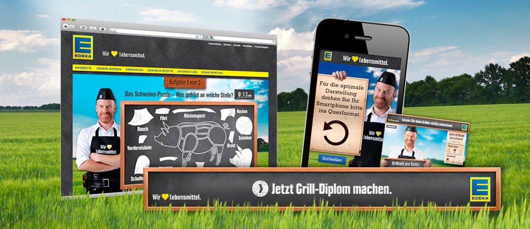 Online-Banner und weitere Beispiele des Gewinnspiel-Tools von EDEKA Grill Diplom aus dem Jahr 2012 von der EDEKA Website