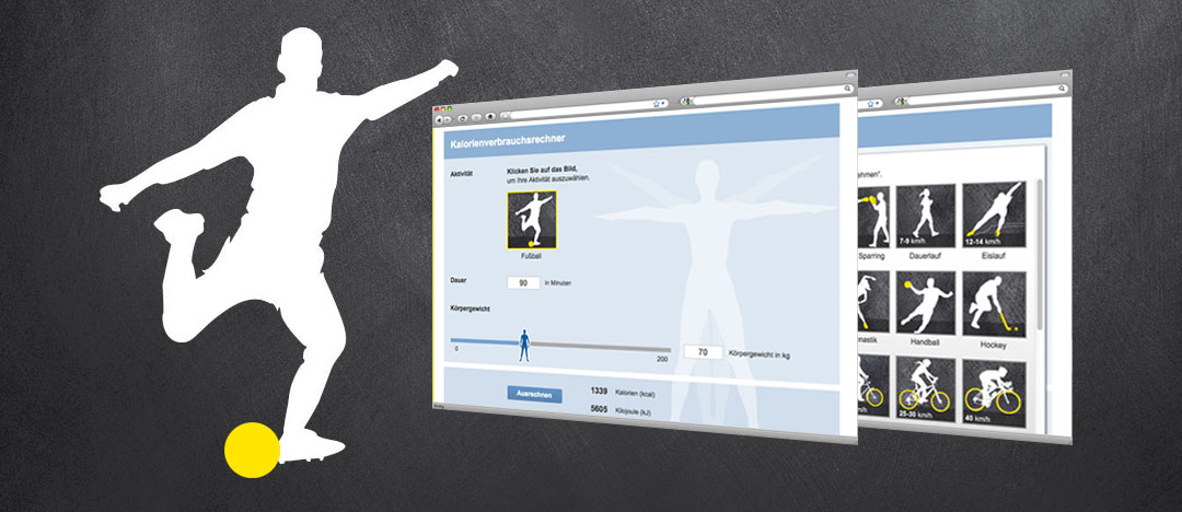 Grafische Darstellung eines Fußballers und Screenshots des Ernährungs-Tools Kalorienbedarfsrechner von der EDEKA Website zum Thema Ernährungsberatung