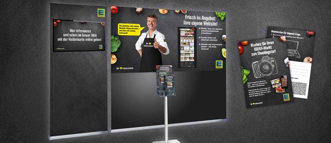 Messeausstattung Messewand, Info-Screen, Aufsteller, Flyer und Gewinnspiel-Broschüre im Rahmen des Relaunches der EDEKA Händler Websites