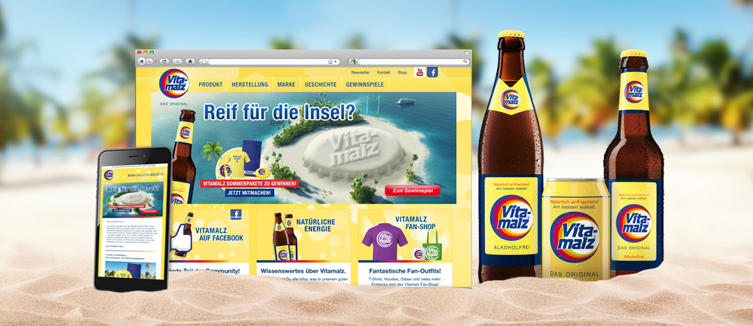 Die Vitamalz Sommerkampagne 2015 online auf der Website und auf einem Smartphone