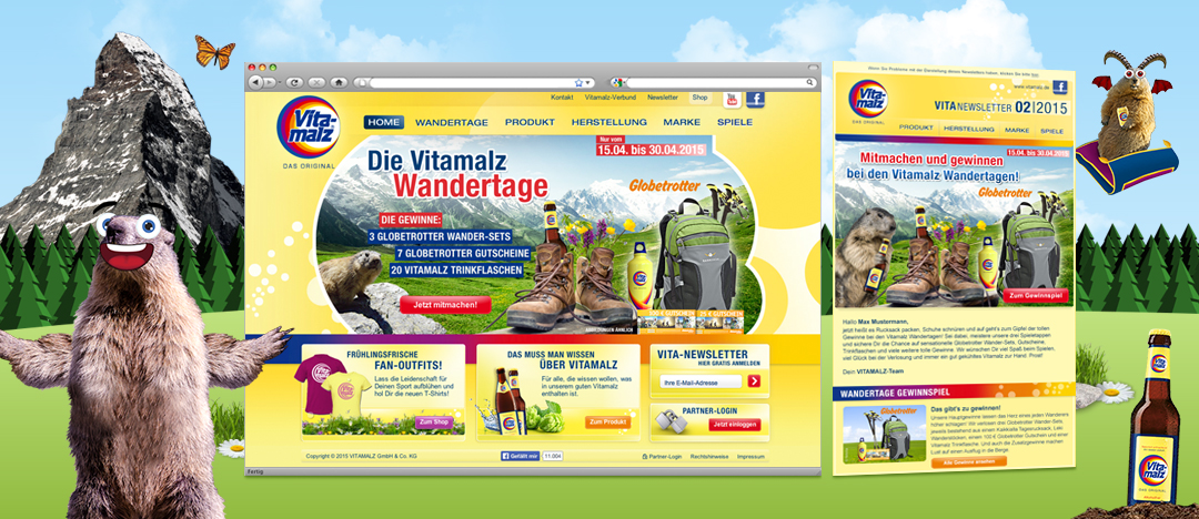 Haupt-Motiv und Bühnenbild des Gewinnspiels Vitamalz Wandertage und Aktionsnewsletter zur Bekanntmachung der Aktion online