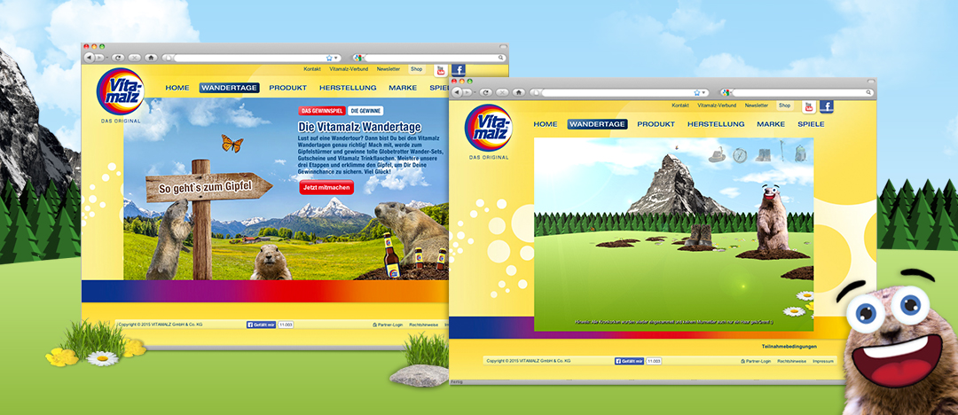 Gewinnspiel-Startseite mit Spielerklärung und Screenshot des laufenden Gewinnspiels Vitamalz Wandertage auf der Vitamalz Website