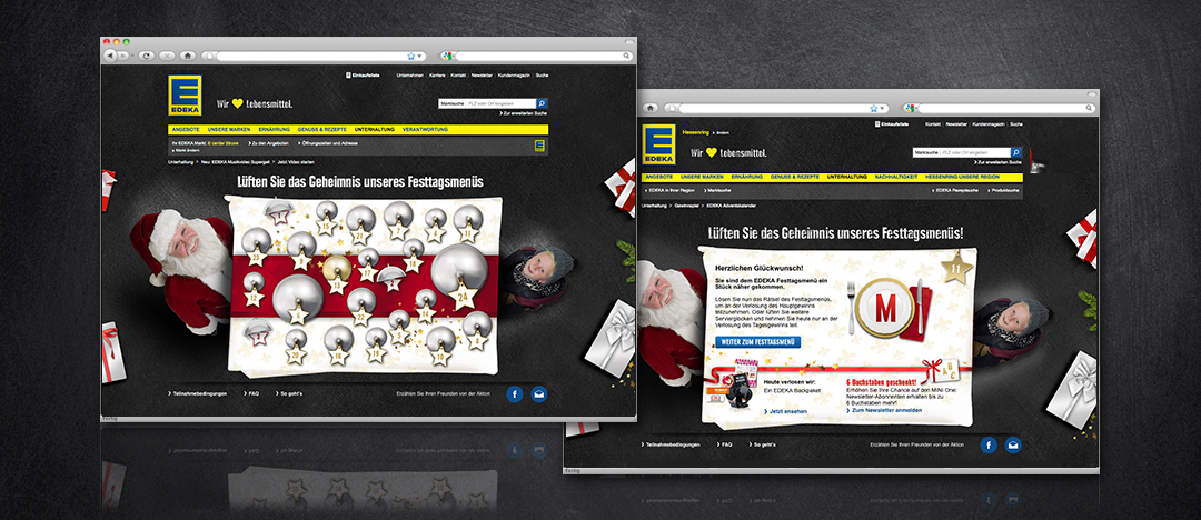 Die interaktive Spielfläche des Online-Gewinnspiels EDEKA Adventskalender mit Festtagstisch sowie die Darstellung einer tagesaktuellen Gewinnspielfrage