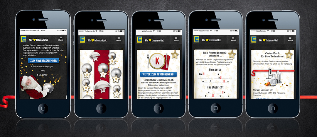 Die mobile Umsetzung vom EDEKA Adventskalender Gewinnspiel mit Festtagstisch und Ablauf der Teilnahme auf einem iPhone Display
