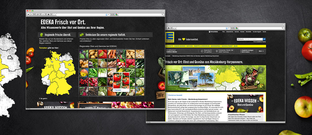 Detailseiten mit Auswahl-Funktion der regionalen Obst- und Gemüsearten und informativer Text zum EDEKA Webspecial „Frisch vor Ort“