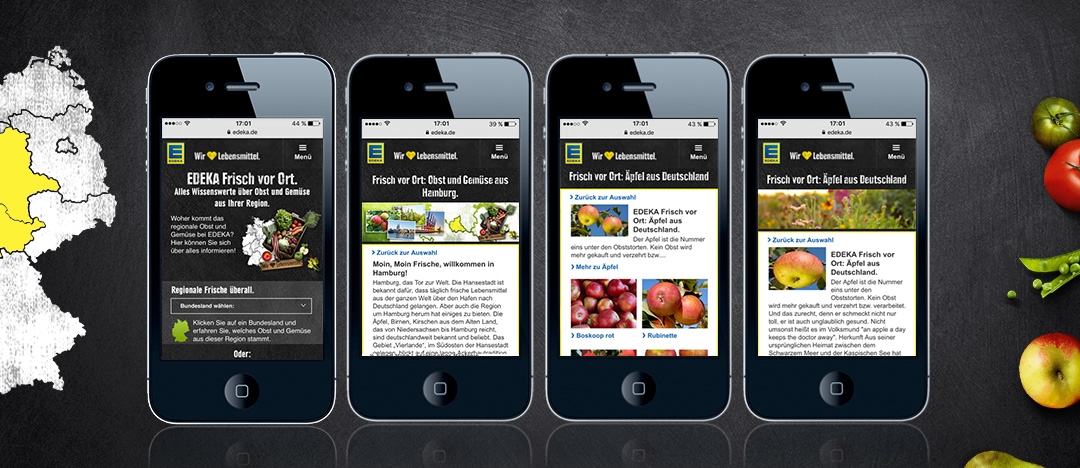 Beispielhafte Darstellung des responsiven Webspecials „EDEKA Frisch vor Ort“ auf Smartphone-Displays.