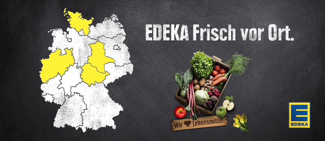 Key-Visual „EDEKA Frisch vor Ort“, EDEKA-Logo, Gemüsekiste und Deutschlandkarte – die Gestaltungselemente des EDEKA Webspecials