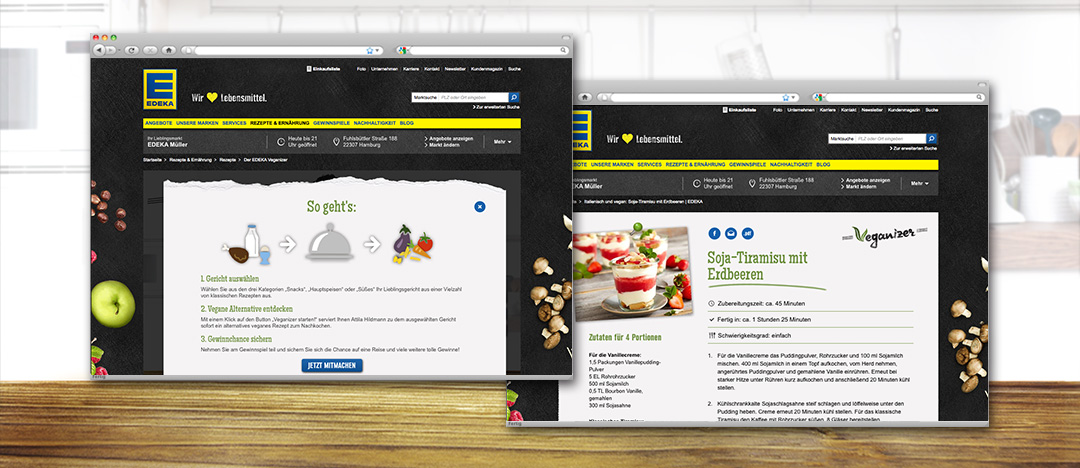 Erklärung des Online-Tools EDEKA Veganizer und Rezept-Detailseite einer veganen Alternative zu einem klassischen Gericht